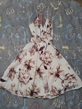 Windsor White Floral Fit-and-Flare Dress with Mauve and Olive Accents